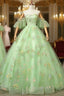 Light Green Tulle Floral Straps Long Formal Dresses, Light Green Formal Prom Dresses