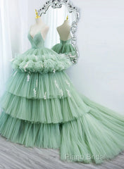 Light Green Tulle Layers Low Back Formal Prom Dresses, Light Green Sweet 16 Dresses