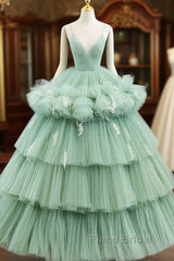 Light Green Tulle Layers Low Back Formal Prom Dresses Sweet 16 Dresses Quinceanera Dresses