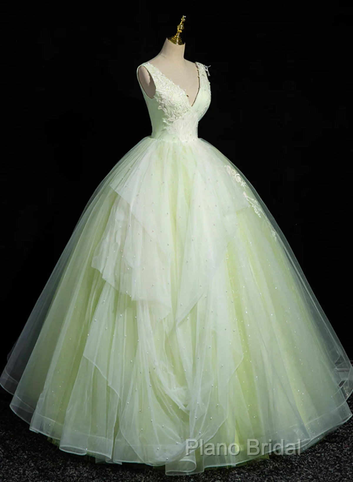 Light Green V-Neckline Tulle Long Party Dresses, Light Green Sweet 16 Dresses