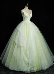 Light Green V-Neckline Tulle Long Party Dresses, Light Green Sweet 16 Dresses