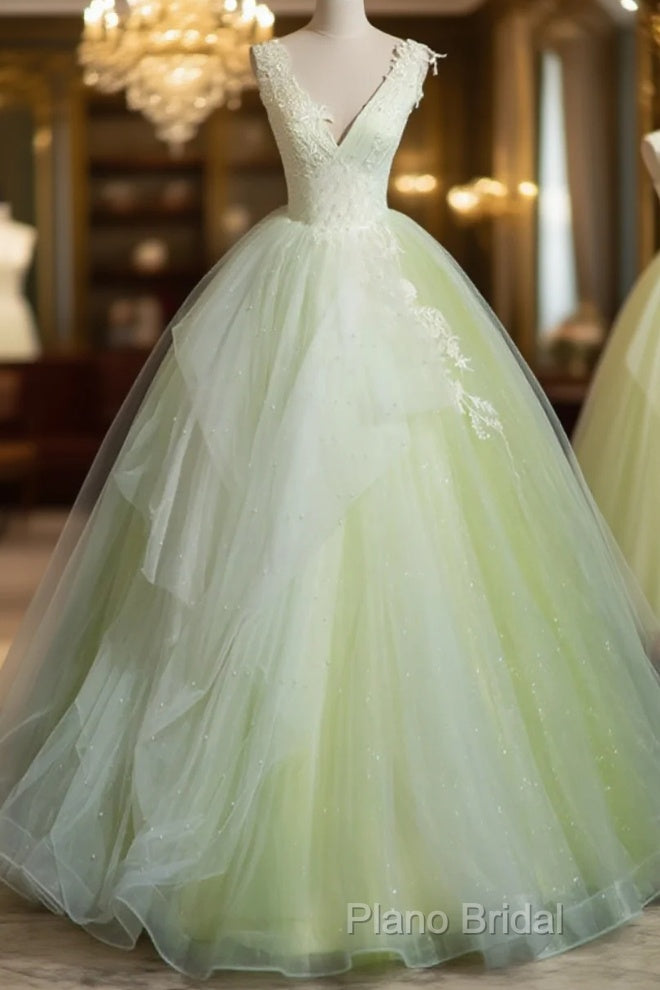 Light Green V-Neckline Tulle Long Party Dresses, Light Green Sweet 16 Dresses Main image