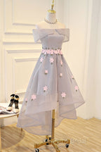 Light Grey Tulle With Flowers High Low Fashionable Party Dresses, Grey Homecoming Dresses