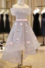 Light Grey Tulle With Flowers High Low Fashionable Party Dresses, Grey Homecoming Dresses