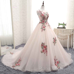 Light Pink Ball Gown Quinceanera Dresses With Flowers Embroidery, Pink Tulle And Organza Party Dresses