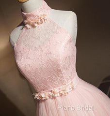 Light Pink Halter Tulle And Lace Lovely Knee Length Formal Dresses, Cute Party Dresses, Pink Formal Prom Dresses