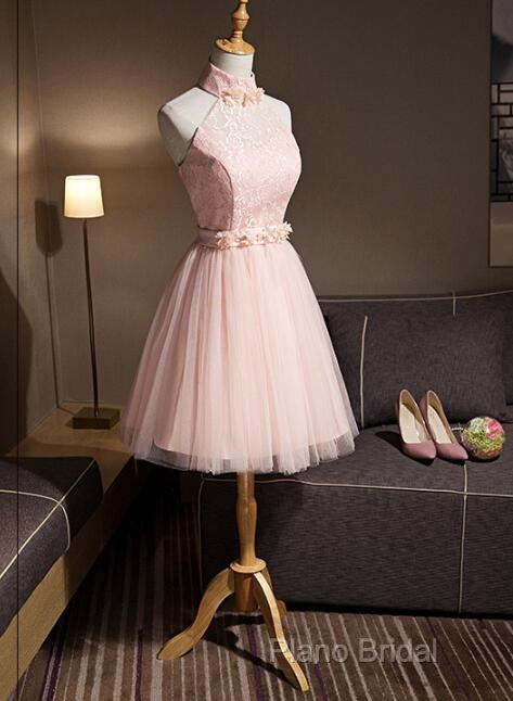 Light Pink Halter Tulle And Lace Lovely Knee Length Formal Dresses, Cute Party Dresses, Pink Formal Prom Dresses