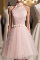 Light Pink Halter Tulle And Lace Lovely Knee Length Formal Dresses, Cute Party Dresses, Pink Formal Prom Dresses