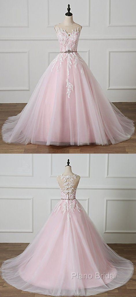 Light Pink Scoop Neck Lace Applique Formal Prom Dresses, Beaded Wedding Dresses Secondary image