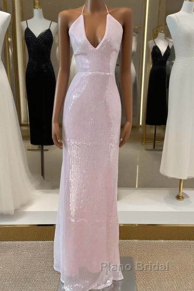 Light Pink V Neck Sheath Sequined Formal Prom Dresses Birthday Dresses Main image