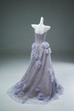 Light Purple A-Line Off-The-Shoulder Tulle Sequin Long Formal Prom Dresses, Sweet Appliqu Beaded Formal Dresses