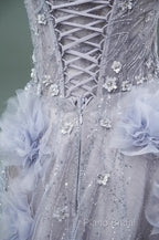 Light Purple A-Line Off-The-Shoulder Tulle Sequin Long Formal Prom Dresses, Sweet Appliqu Beaded Formal Dresses