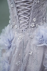 Light Purple A-Line Off-The-Shoulder Tulle Sequin Long Formal Prom Dresses, Sweet Appliqu Beaded Formal Dresses