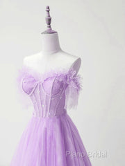 Light Purple A-Line Sweetheart Tulle Formal Dresses, Light Purple Long Formal Prom Dresses