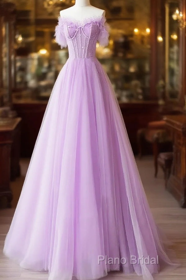 Light Purple A-Line Sweetheart Tulle Formal Dresses, Light Purple Long Formal Prom Dresses Main image