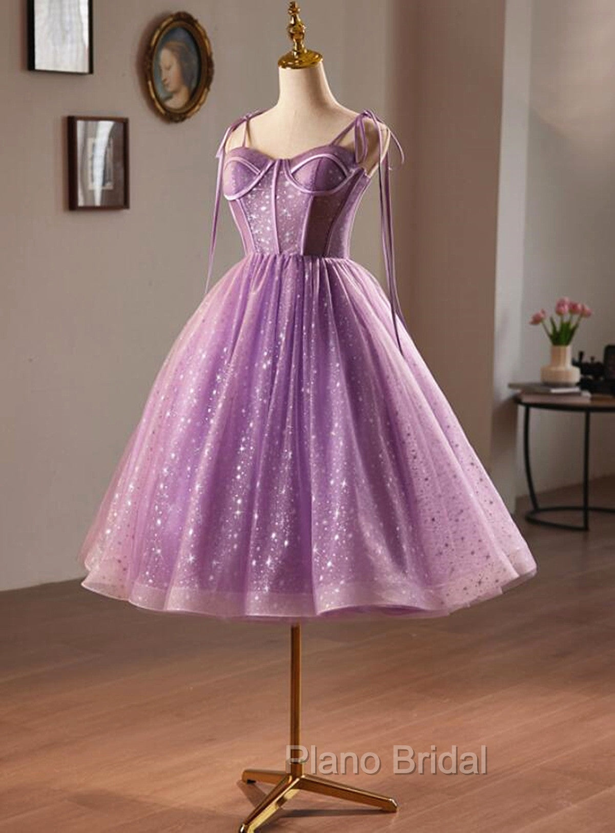 Light Purple Knee Length Straps Party Dresses, Light Purple Homecoming Dresses