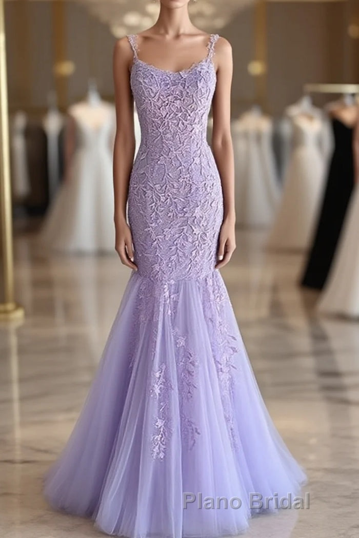 Light Purple Lace Mermaid Formal Prom Dresses, Purple Lace Mermaid Formal Evening Dresses