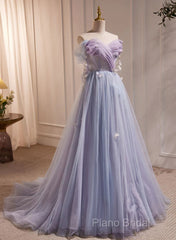 Light Purple Off Shoulder Sweetheart Long Formal Dresses, Light Purple Tulle Formal Prom Dresses