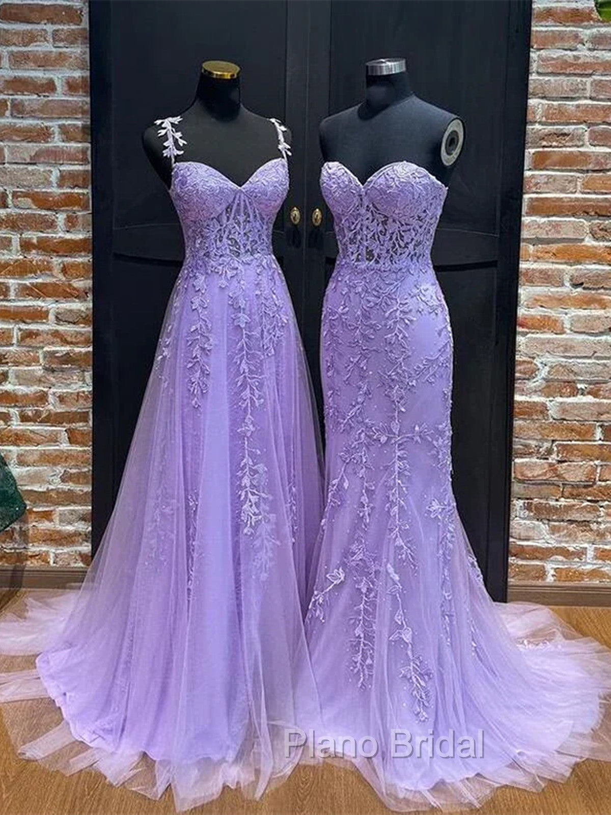 Light Purple Sweetheart Lace Long Formal Gown, Purple Lace Formal Prom Dresses Secondary image