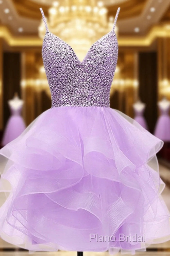 Light Purple Tulle Beaded Short Homecoming Dresses, Light Purple Short Formal Prom Dresses Main image
