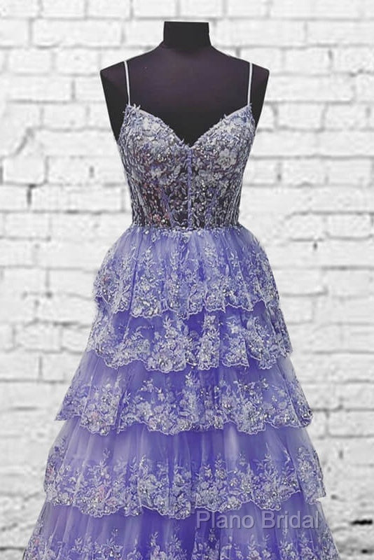 Light Purple V Neck Layered Lace Formal Prom Dresses