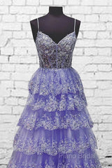 Light Purple V Neck Layered Lace Formal Prom Dresses