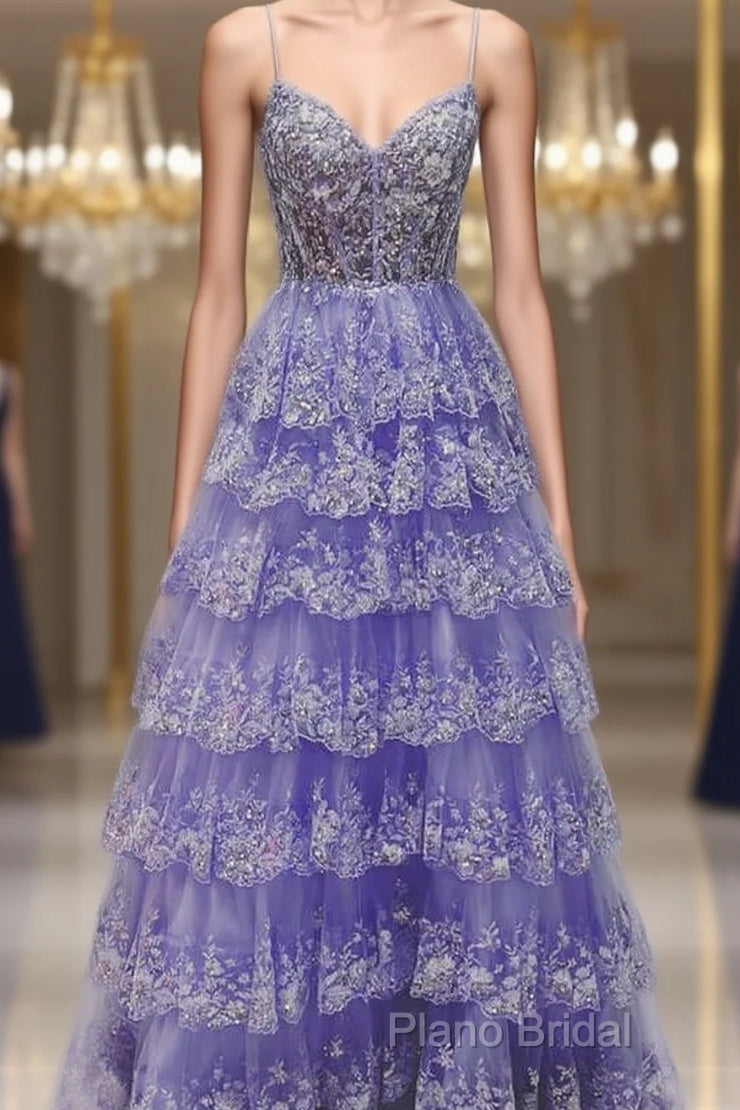 Light Purple V Neck Layered Lace Formal Prom Dresses