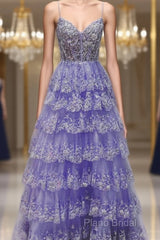 Light Purple V Neck Layered Lace Formal Prom Dresses