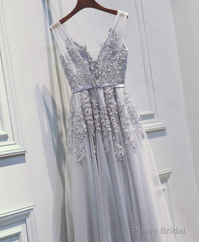 Light Sliver Grey Lace Applique V-neckline Long Party Dress, Light Grey Wedding Party Dress