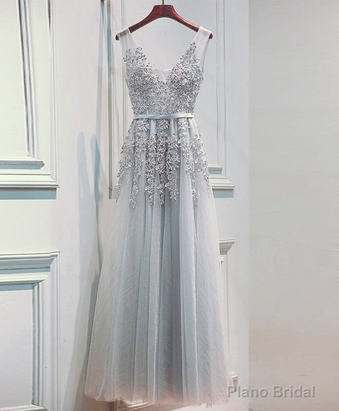 Light Sliver Grey Lace Applique V-neckline Long Party Dress, Light Grey Wedding Party Dress Main image