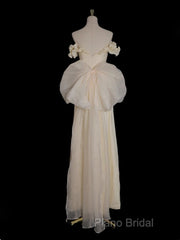 Light Yellow A-Line Satin Off-Shoulder Tulle Long Formal Prom Dresses Graduation Formal Prom Dresses Wedding Dresses