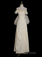 Light Yellow A-Line Satin Off-Shoulder Tulle Long Formal Prom Dresses Graduation Formal Prom Dresses Wedding Dresses