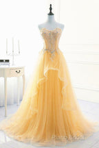 Light Yellow Beaded Tulle Long Party Dresses Formal Prom Dresses, Yellow Formal Dresses