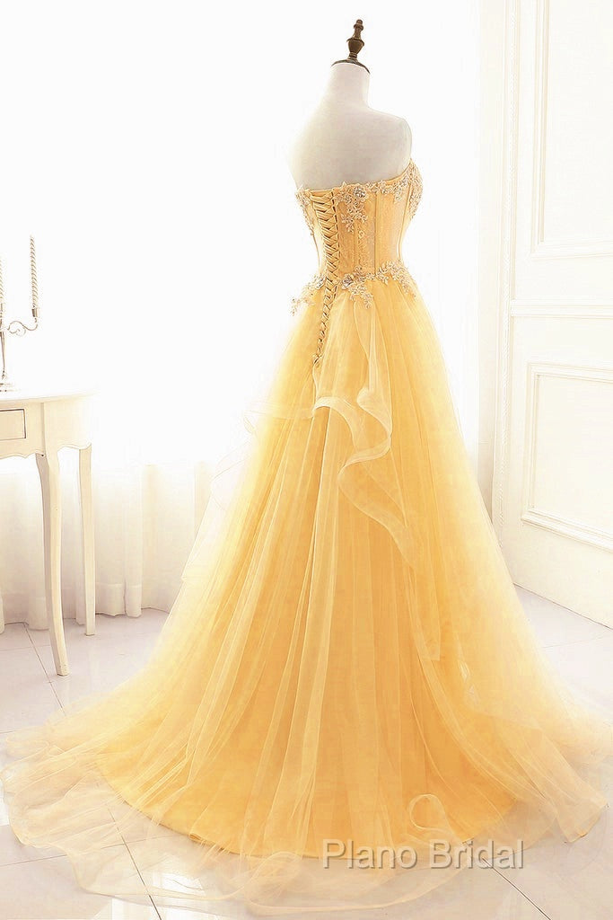 Light Yellow Beaded Tulle Long Party Dresses Formal Prom Dresses, Yellow Formal Dresses