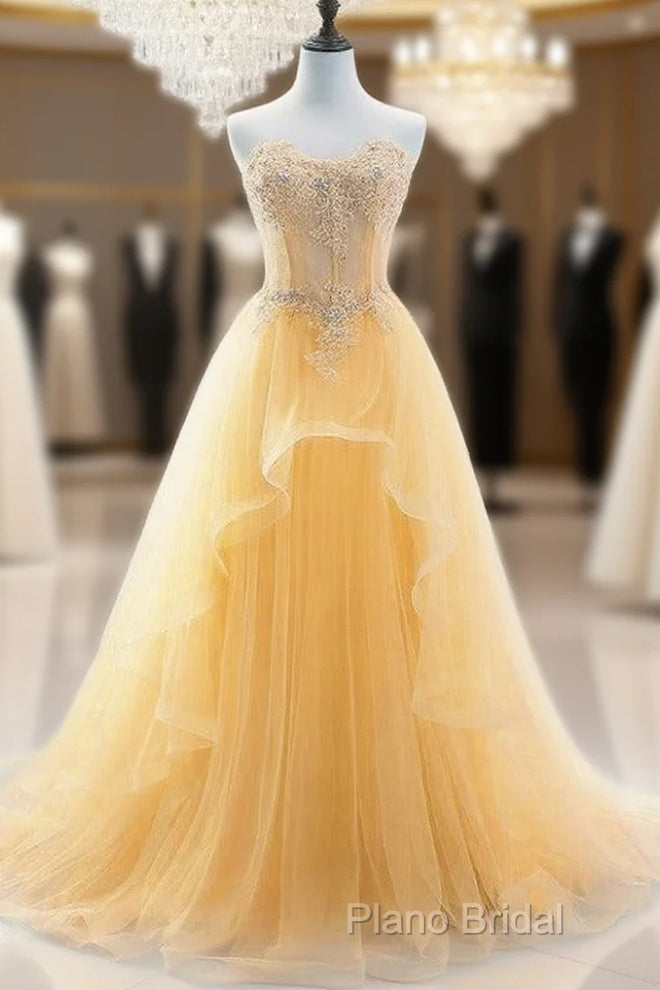 Light Yellow Beaded Tulle Long Party Dresses Formal Prom Dresses, Yellow Formal Dresses Main image