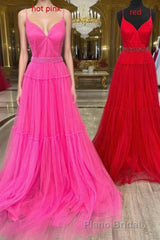Light Yellow V-Neck Tulle A-Line Long Formal Prom Dresses