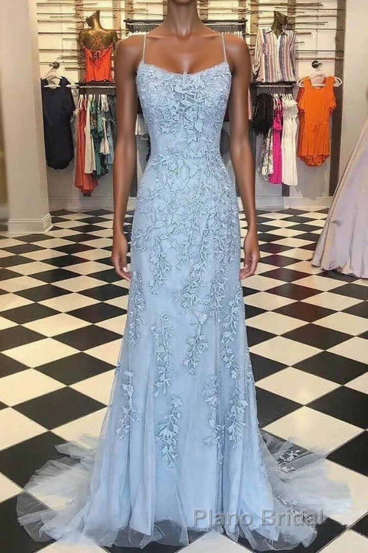 Chic Trumpet Spaghetti Straps With Lace Appliques Light Blue Formal Prom Dresses