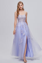Lilac Appliques Lace-Up A-Line Long Prom Dresses with Slit