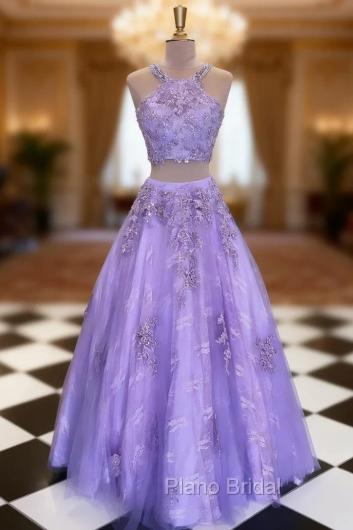 Lilac Ball Gown Scoop Neck Sleeveless Long/Floor-Length Tulle Formal Prom Dresses With Appliqued Beading Main image