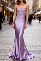 Lilac Floral Classy Mermaid Corset Long Formal Prom Dresses