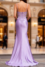 Lilac Floral Mermaid Corset Long Formal Prom Dresses with Slit