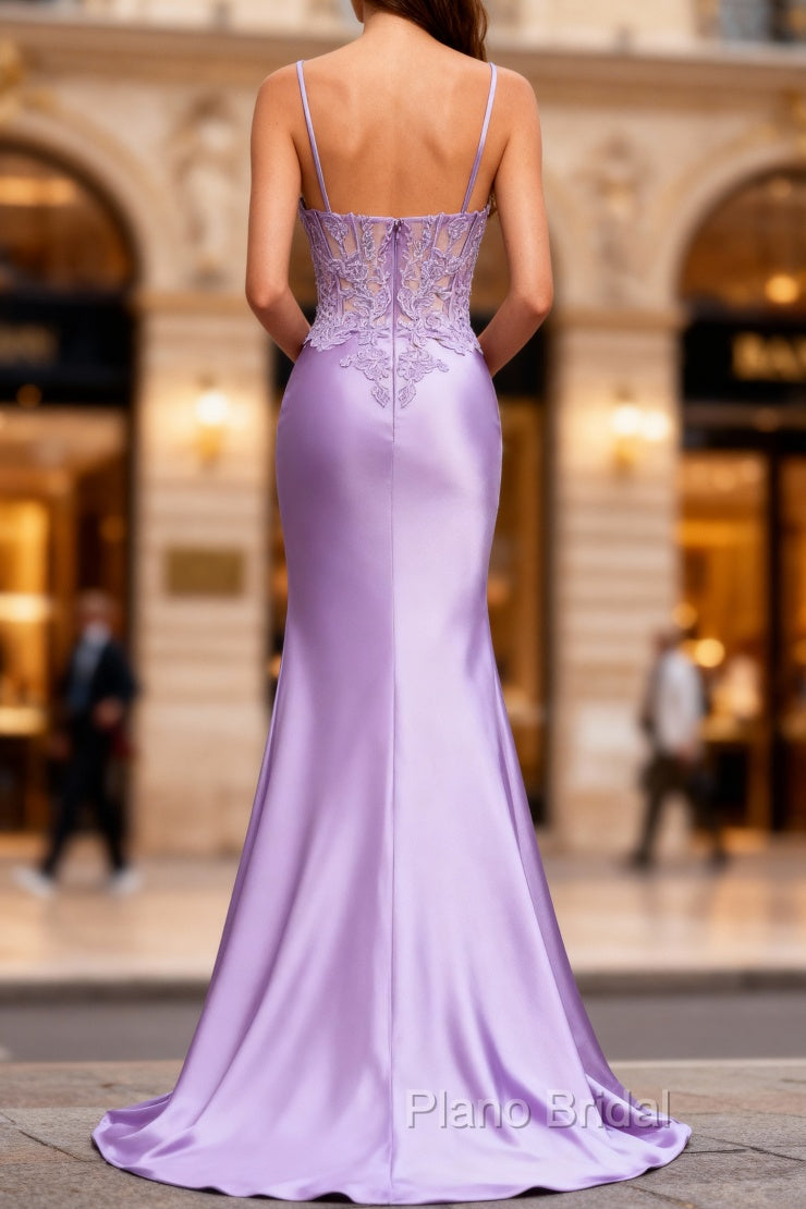 Lilac Floral Mermaid Corset Long Formal Prom Dresses with Slit