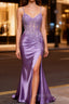 Lilac Floral Mermaid Corset Long Formal Prom Dresses with Slit