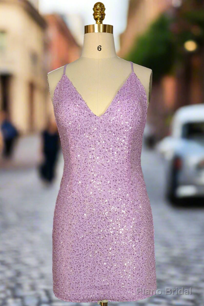 Lilac Homecoming Dresses Sheath/Column Ruched V-neck Sleeveless Short/Mini Dresses Main image