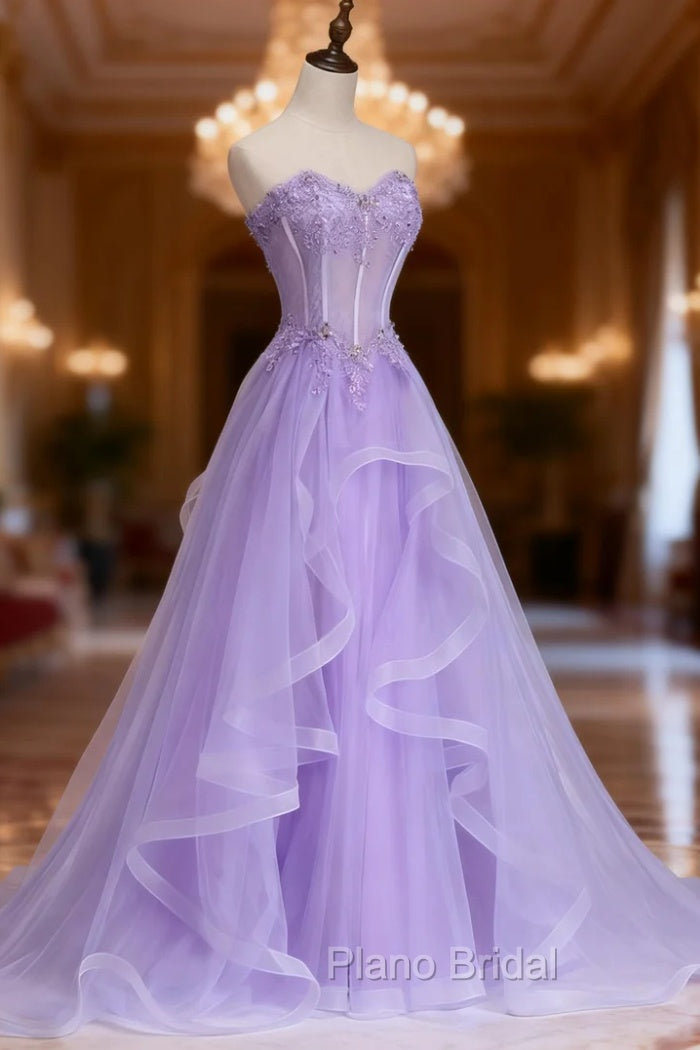 Lilac Formal Prom Dresses, A-line/Princess Sweetheart Sleeveless Sweep Train Tulle Formal Prom Dresses With Beading Appliqued