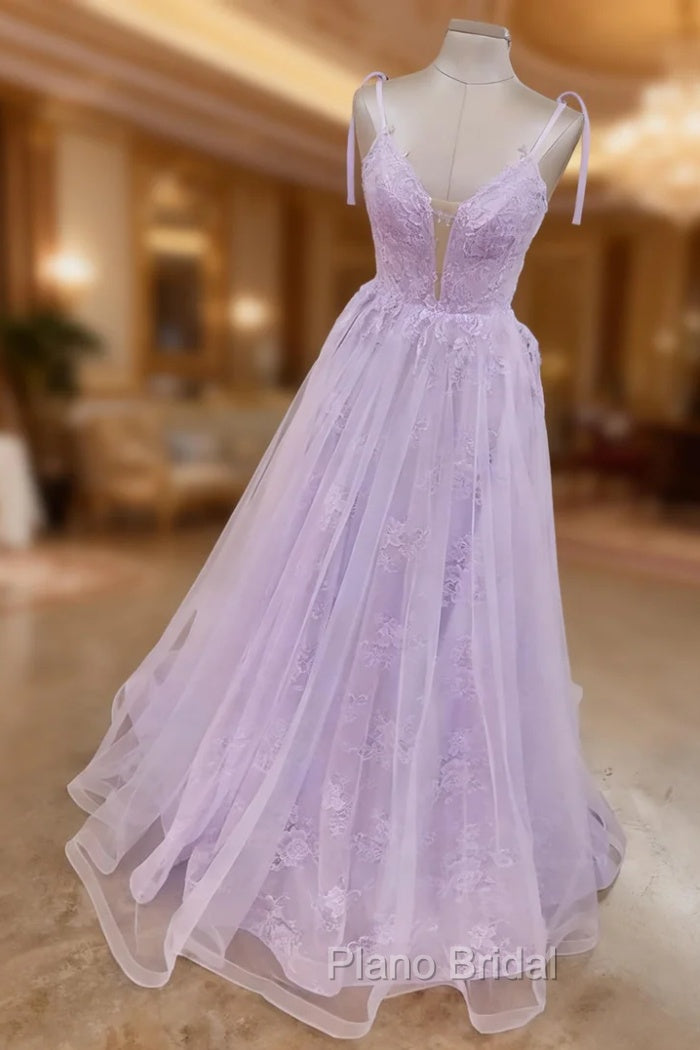 Lilac Formal Prom Dresses, A-line V Neck Spaghetti Straps Long/Floor-Length Lace Tulle Formal Prom Dresses