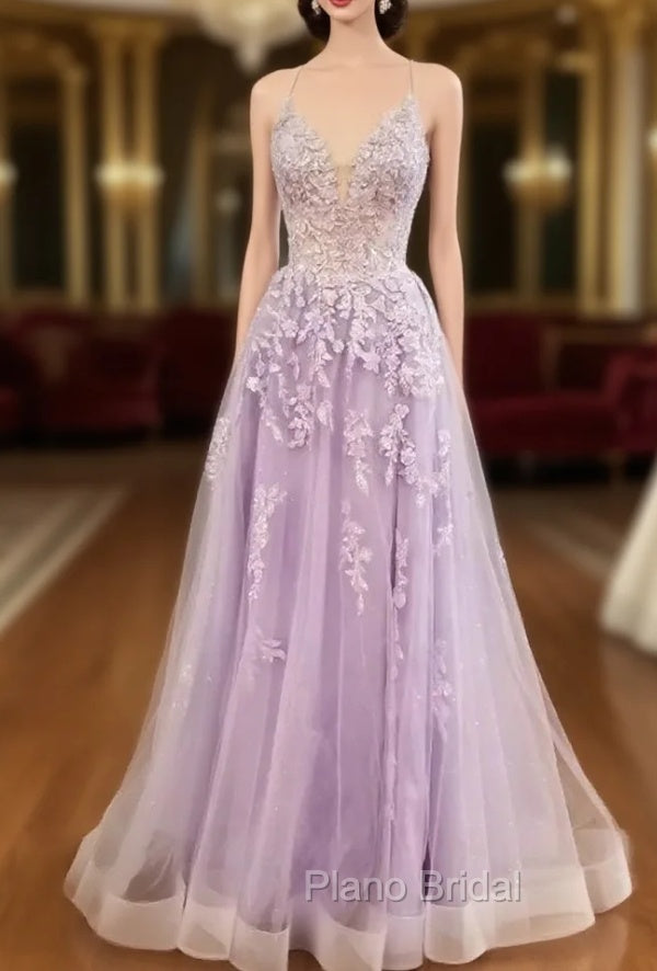 Lilac Formal Prom Dresses, A-line V Neck Spaghetti Straps Long/Floor-Length Tulle Formal Prom Dresses With Appliqued Sequins Main image