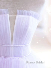 Lilac Purple Strapless Tulle Sheer A Line Formal Prom Dresses