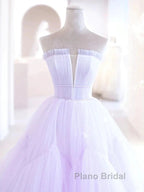 Lilac Purple Strapless Tulle Sheer A Line Formal Prom Dresses