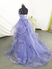 Lilac Tull Lace Applique Ball Gown Straps Long Formal Prom Dresses Elegant Formal Dresses